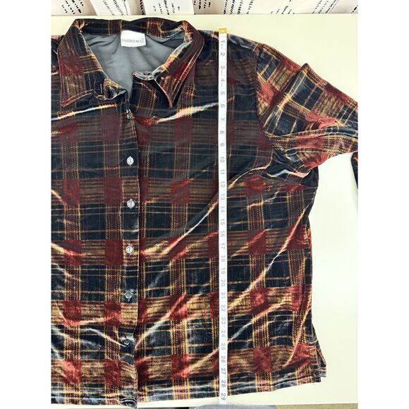 Vintage Fashion Bug Women’s Velvet Plaid Button Down Shirt 1X Brown GrannyCore - Picture 4 of 9